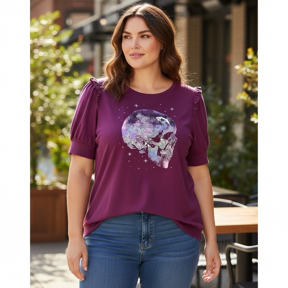 Torrid Women's 2 = 2X Puff Ruffle SS Colorful Skull Print T-Shirt Tee Pink EUC